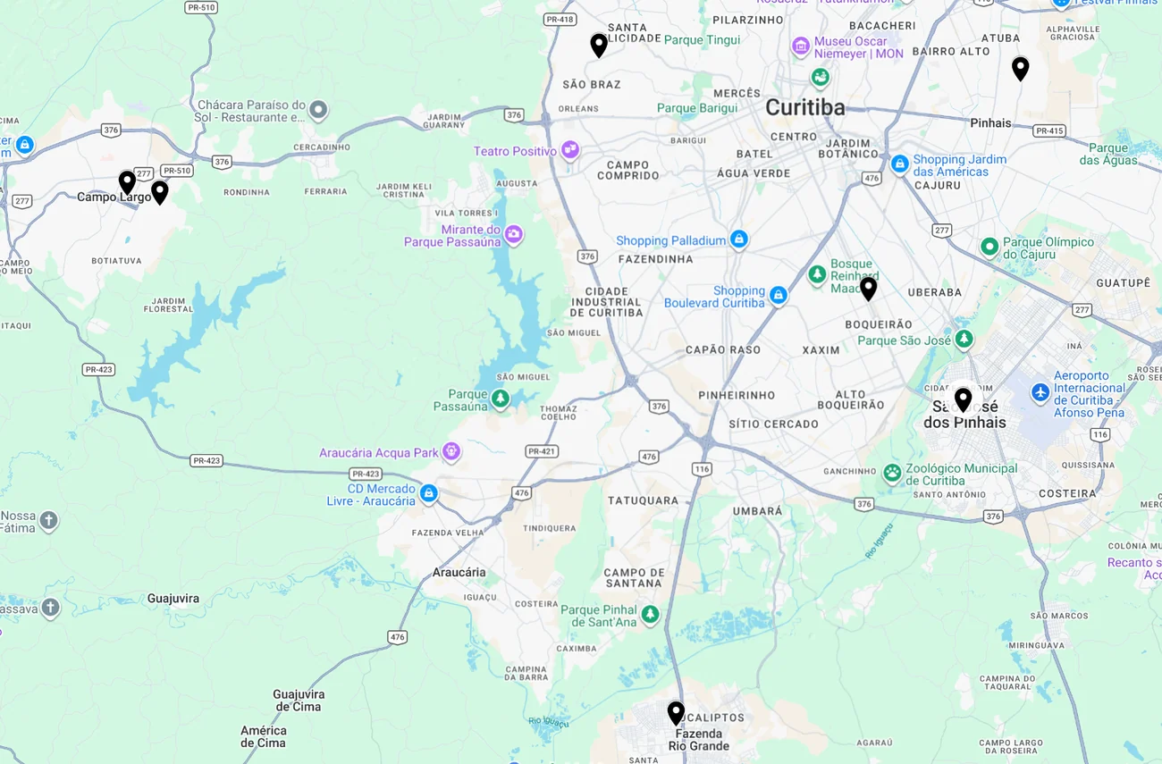 Mapa das unidades do Colégio Acesso em Curitiba e Região Metropolitana