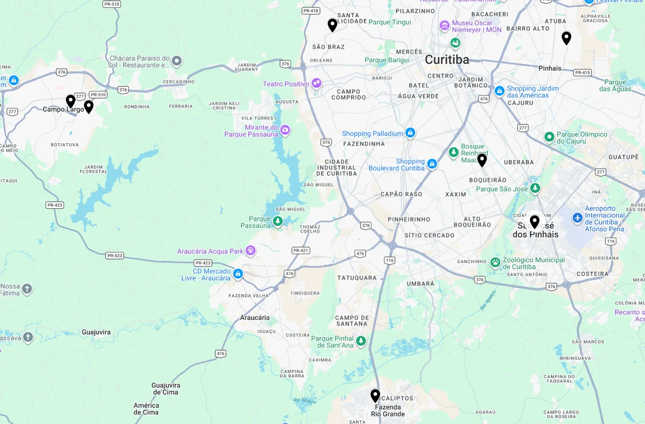 Mapa das unidades do Colégio Acesso em Curitiba e Região Metropolitana
